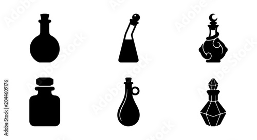 Obraz na płótnie Alchemy Bottles Vector Icons, Potion Vials Set, Vintage Perfume Containers, Magi