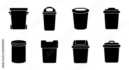Foto Trash Can Icons, Waste Bin Silhouettes, Garbage Container Vector Set, Recycling