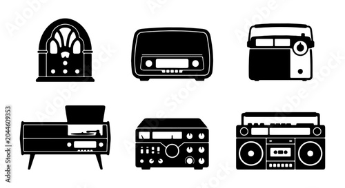 Fotografía Retro Audio Equipment Icons, Vintage Radio and Turntable Vector Set