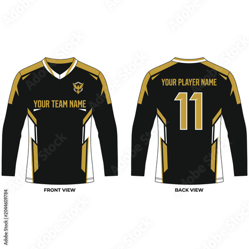 Black and gold esports jersey mockup front and back view with v neck, sportswear