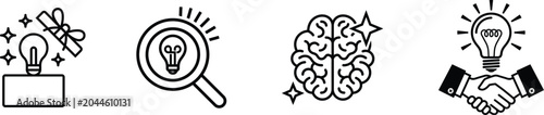 Creative brainstorming and idea development icons featuring lightbulbs magnifying glass brain handshake brainstorming magnifying handshake