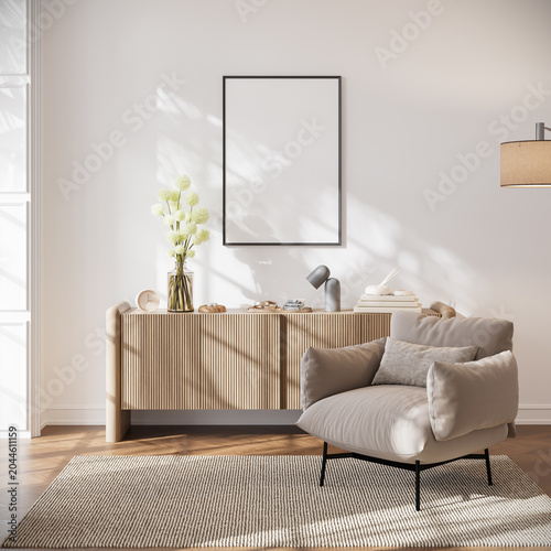Modern living room frame mockup with blank poster and beige interior
