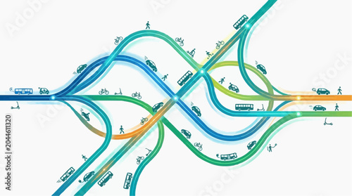 Abstract illustration of diverse transportation modes on a complex road network symbolizing urban mobility and connectivity