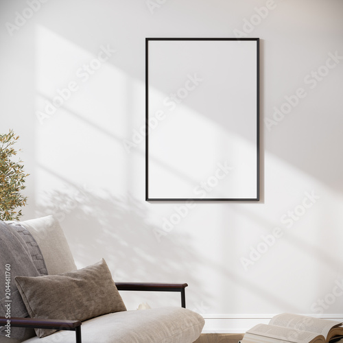 Close up living room frame mockup with blank poster and armchair