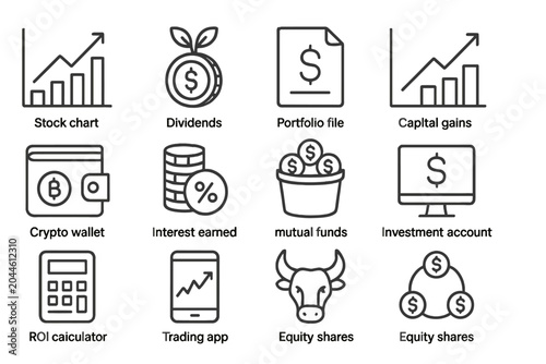 Financial icons: stock chart, dividends, portfolio file, capital gains