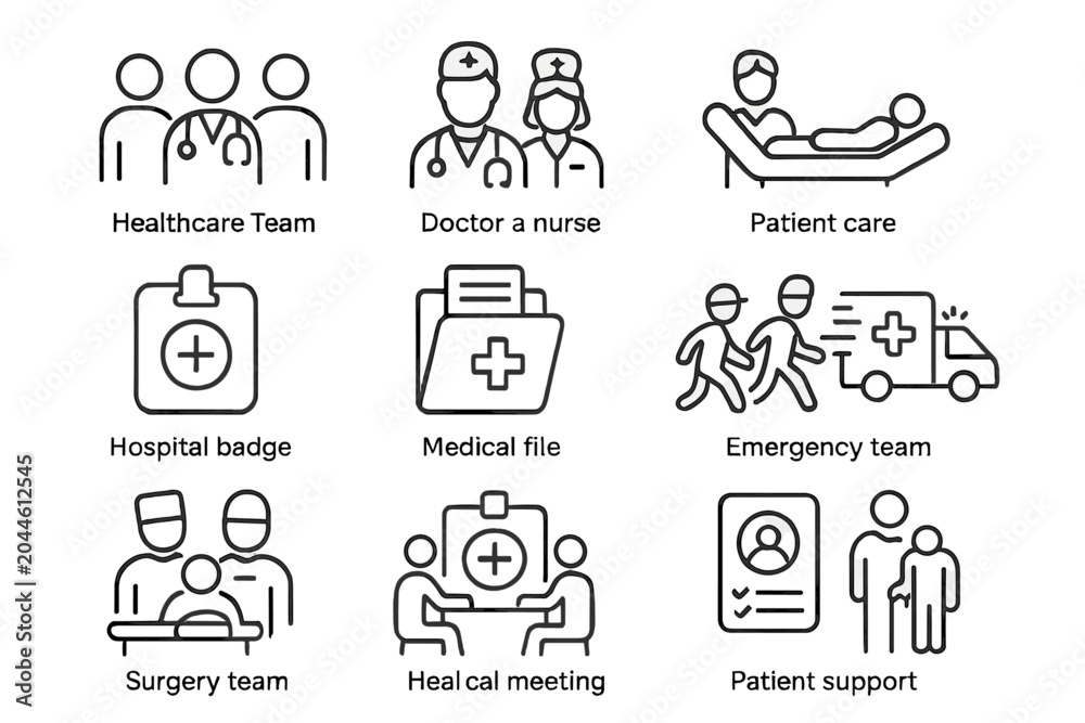 Fototapeta premium Healthcare icons: medical team, patient care, emergency, hospital services
