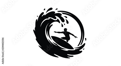 Photography Black silhouette of surfer riding wave