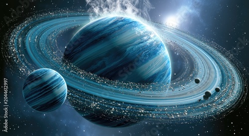 A gaseous giant with luminous rings orbits a bright star, with a smaller moon nearby