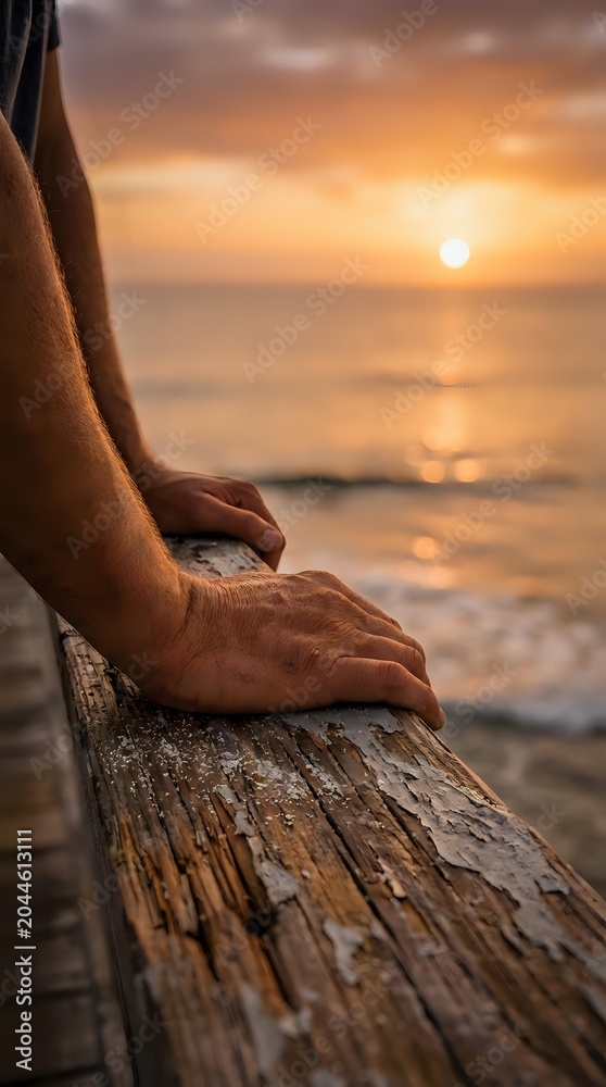 Fototapeta premium Close-up of person's hand resting on weathered wooden pier rail during golden sunset over calm ocean waters. Serene coastal scene for relaxation and travel concepts.