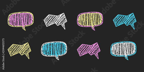 Colorful chalk doodle speech bubbles on blackboard with rough texture.