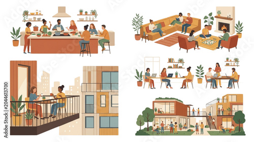 Flat vector collection of co living space interior architecture entourage elements with communal kitchen lounge and balcony