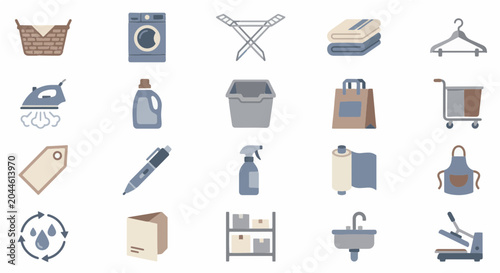 Textile Laundry Service Flat Icon Set with Fabric Care Symbols