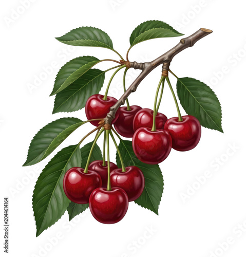 Realistic illustration of ripe red cherries on a leafy branch