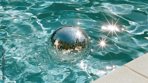 Reflective sphere floats in sparkling turquoise water near a pool edge