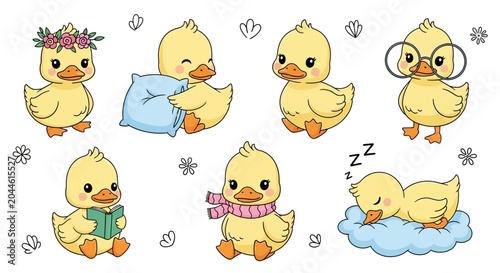 Cute yellow ducklings set with various activities and accessories