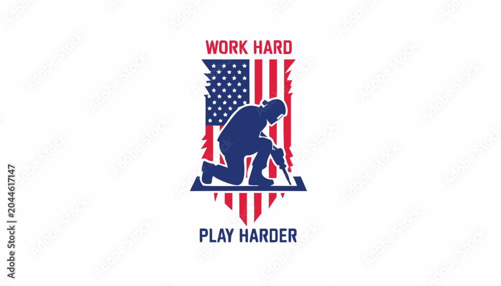 Obraz premium Silhouette of a welder working in front of American flag