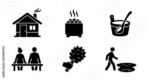 Bild auf Leinwand Sauna Icons Set, Relaxation and Wellness Vector Graphics, Steam Bath Elements