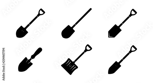 Photography Shovel Icons Set: Gardening Tools, Digging Equipment, Construction Implements, V