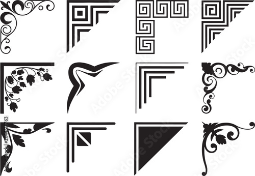 Assorted corner embellishments, geometric patterns, floral scrolls, angular lines, decorative frame elements.