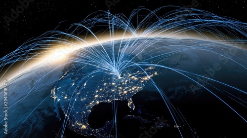 Glowing network lines connect cities across a nighttime Earth