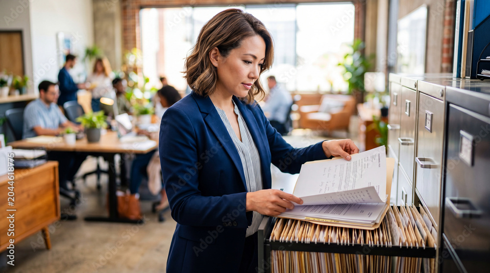 Fototapeta premium Woman hr manager searching for employee document in filing cabinet. Corporate administration professional working in office. Human resource development, business recruitment, staff record
