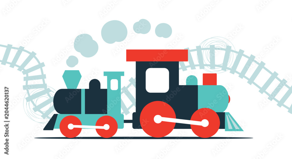 Naklejka premium Colorful toy train illustration with steam engine and tracks, perfect for children's playroom decor, educational toys, and childhood themes.