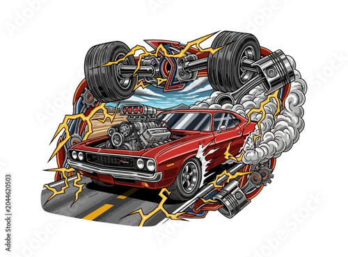 Classic red muscle car illustration with engine and smoke details