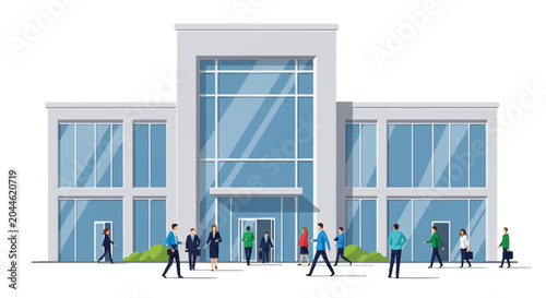 Contemporary glass-fronted building with pedestrians entering and exiting the entrance.