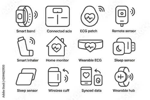 Wearable health technology icons for remote monitoring and data synchronization