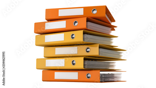 Foto Stack of orange and yellow ring binders with white labels