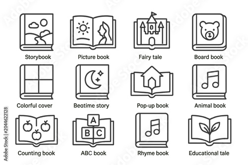 Set of book icons: storybook, picture book, fairy tale, and more