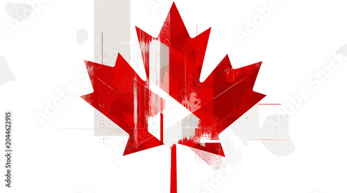 Fotografie A stylized red maple leaf, a prominent symbol of Canada, is displayed against a white background with abstract white shapes and lines