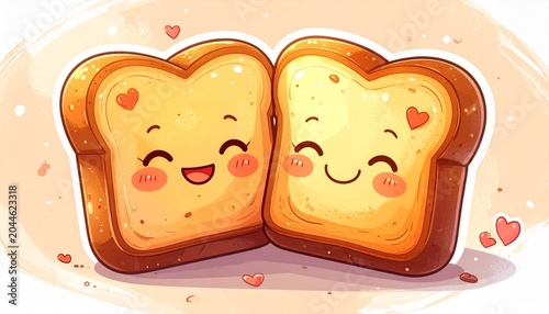 Adorable cartoon toast bread couple with cheerful smiling faces and tiny hearts, affectionately snuggling together in a charming illustration perfect for conveying warmth and love