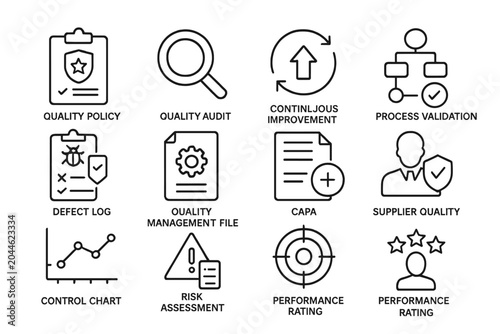 Quality management icons: audit, process, improvement, supplier, control