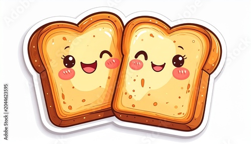 Cute cartoon toast bread couple lovingly embracing with sweet smiling faces, a charming graphic illustration perfect for themes of friendship, love, and breakfast enjoyment