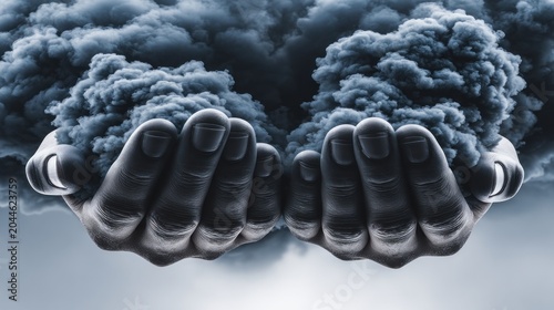 Hands cradling dense dark smoke cloud with dramatic contrast