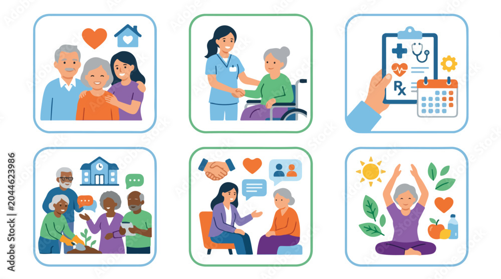 Fototapeta premium Senior Care and Elderly Support Services Illustration Set.