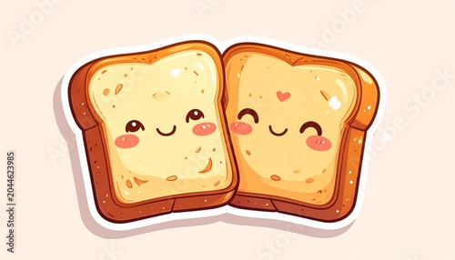 Cute cartoon toast bread couple sticker hugging with adorable smiling faces, radiating warmth and sweet affection in a charming illustration