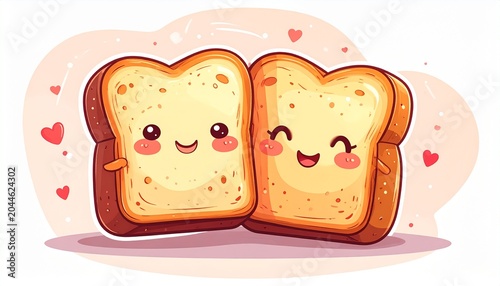 Adorable Cartoon Toast Bread Couple Hugging with Sweet Smiling Faces, Perfect for Valentine's Day or Any Love-Themed Occasion