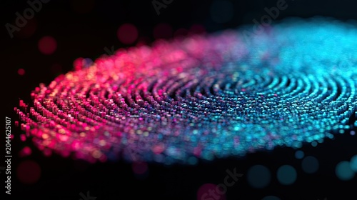 Abstract glowing particulate fingerprint, split by red and blue light