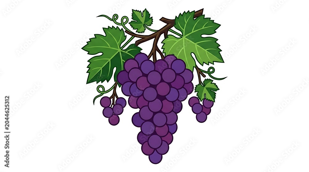 Fototapeta premium Hand drawn vector illustration of a bunch of ripe purple grapes on a vine with green leaves