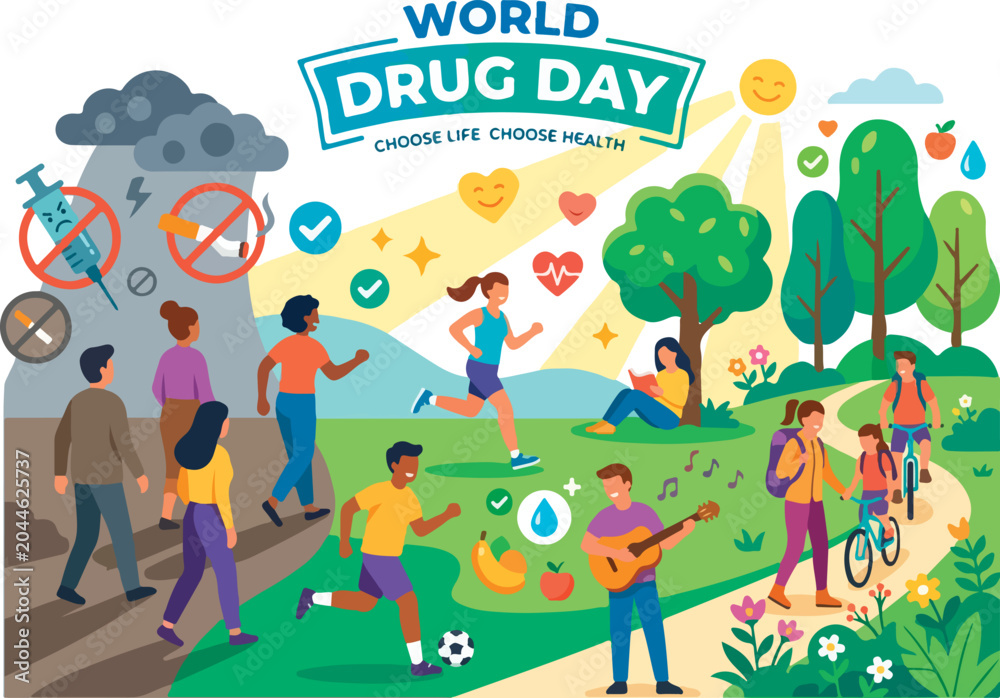 Fototapeta premium World Drug Day flat vector illustration showing happy people choosing healthy activities such as sports