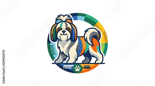 Hand drawn shih tzu dog mascot logo with vintage color palette and circular badge design