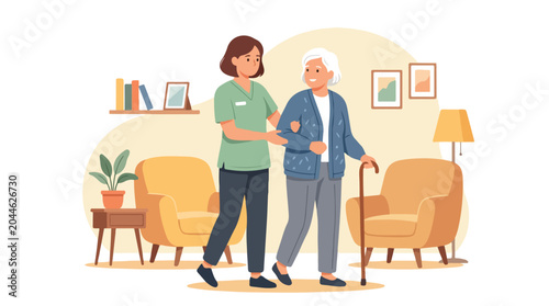 A young female caregiver assisting an elderly woman walking with a cane.