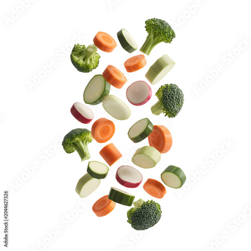 Assorted vegetable pieces falling