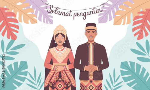 Traditional Indonesian wedding couple illustration.