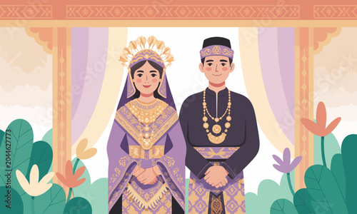 Traditional Southeast Asian wedding couple illustration.