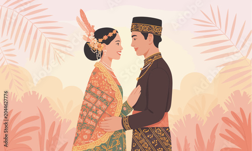 Traditional couple in cultural attire standing together.