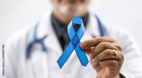 Doctor holds blue ribbon for men's health awareness