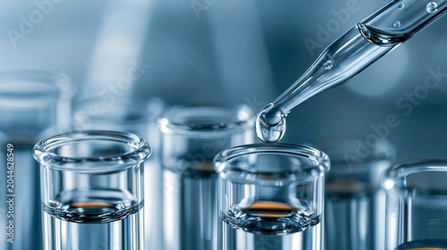 Close up shot of laboratory testing water sample with dropper and glass tubes.